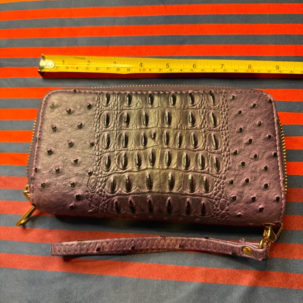 Purple Croc Ostrich Embossed Double Zip Wristlet Wallet Organizer Clutch Y2K